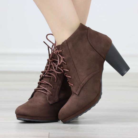 Womens Ankle Boots Lace Up Block Heel Booties Brown Faux Suede - Picture 6 of 11